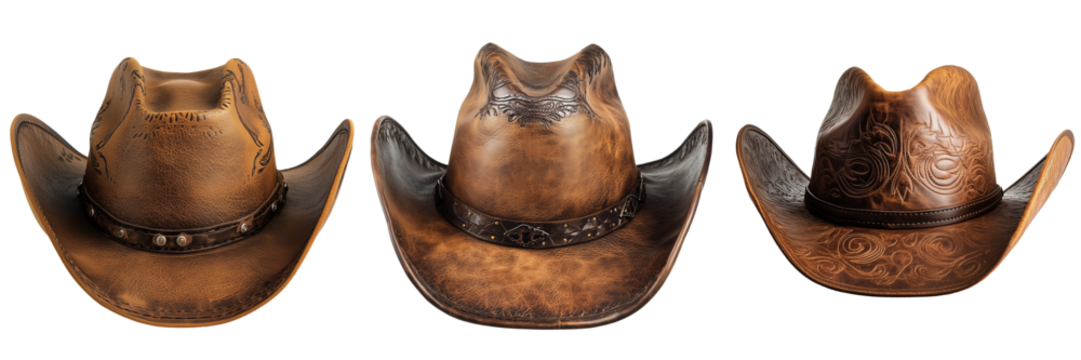 Set of Realistic product photo of a well-worn brown cowboy hat with detailed brim stitching and metal embellishments on pure on transparent png background. Ai generated