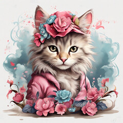 Cute Fluffy Cat in Pink Outfit with Floral Hat Illustration