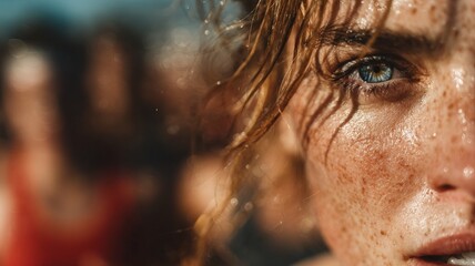 Female athletes running race on the track. sweaty and excited runner