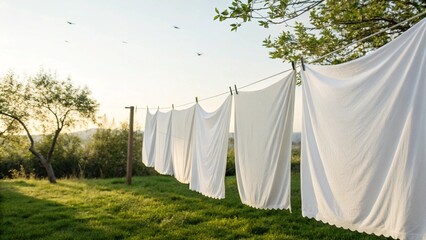 White bed sheets and other linens billow gently on a clothesline in a sunny backyard, creating a pristine and refreshing scene of 'Fresh Laundry'