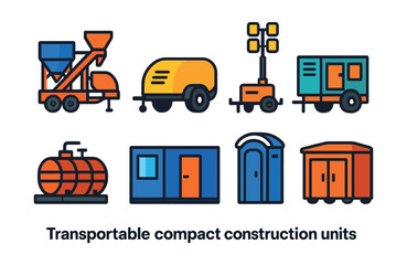 Flat vector icons of transportable compact construction units: mobile batching plant icon, towable compressor trailer, mobile lighting mast, generator on trailer, fuel tank skid, office container