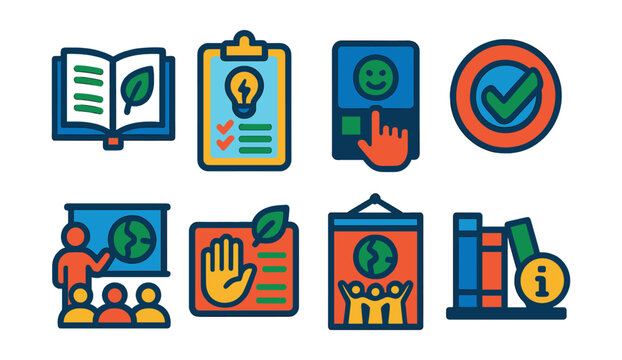 Flat vector icons of occupant engagement and education: eco-friendly tips booklet, energy saving challenge, occupant feedback kiosk, green behavior badge, sustainability workshop icon, environmental