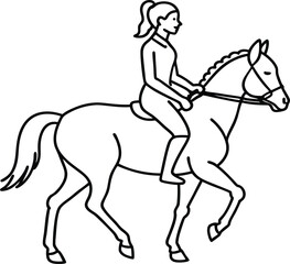 Minimalist Skeleton Equestrian with Messy Bun Riding Horse Vector Outline