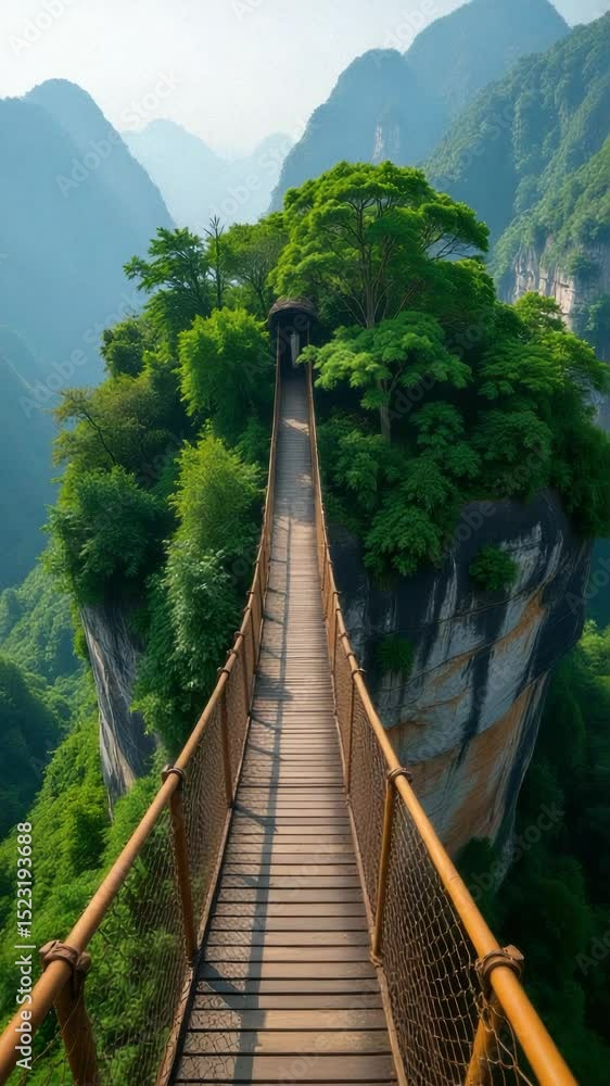 Poster a suspension bridge spanning over a lush green valley with trees and hills in the background