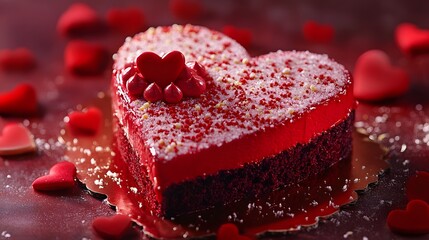A red velvet cake shaped like a heart with icing decorations surrounded by a romantic setting