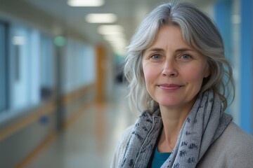 Obraz premium Confident Gray-Haired Female Healthcare Professional Smiling in Hospital Hallway - Warm, Supportive Atmosphere