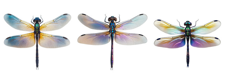 Set of Top view of a dragonfly in flight, ultra-detailed on pure on transparent png background. Ai generated