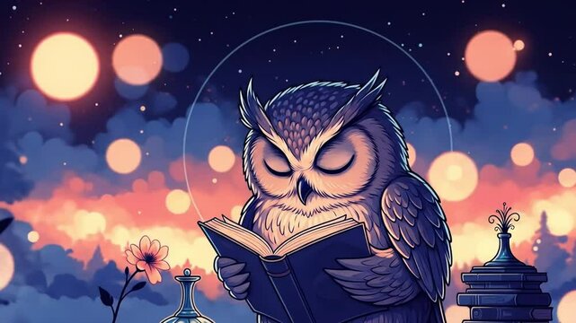 Mystical owl reading under glowing moonlit sky with lantern shadows and blossoms