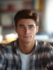 Naklejka premium Casual Portrait of Youthful Male. Stylish, Confident, and Engaging in Studio Setting with Warm Tones