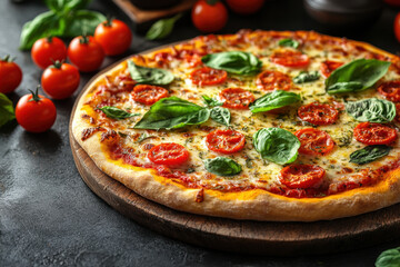 Pizza topped with tomatoes and basil on wooden board.