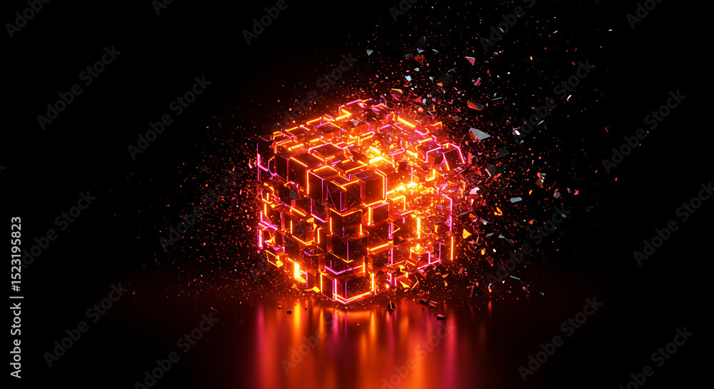 Poster exploding cube of fire: a dynamic visual showcasing the abstract disintegration of a vibrant, fiery 