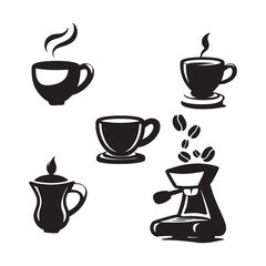 Obraz premium Assorted silhouettes of coffee cups and brewing equipment, perfect for depicting a variety of beverages.