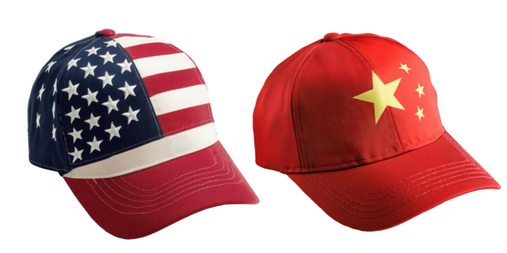 Two baseball caps in patriotic style, American flag and Chinese flag, red and blue, isolated, symbol of international relations and national pride