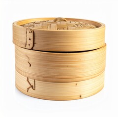 Traditional bamboo steamers on isolated white background with natural texture and directional lighting