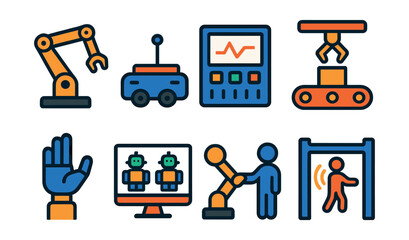 Flat vector icons of factory automation and robotics: industrial robot arm, AGV cart (automated guided vehicle), PLC control screen, conveyor belt automation, robotic gripper hand, digital twin