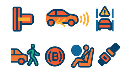 Flat vector icons of car safety and crash protection: side impact beam icon, crumple zone structure, adaptive cruise radar, lane assist warning light, pedestrian detection sensor, emergency brake