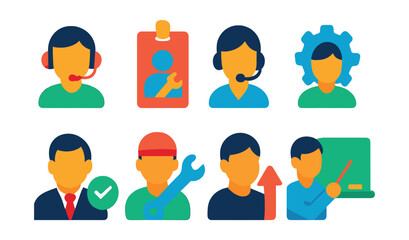 Flat vector icons of customer support roles: help desk agent icon, IT technician badge, customer service representative, system administrator, support manager, field engineer, escalation specialist,