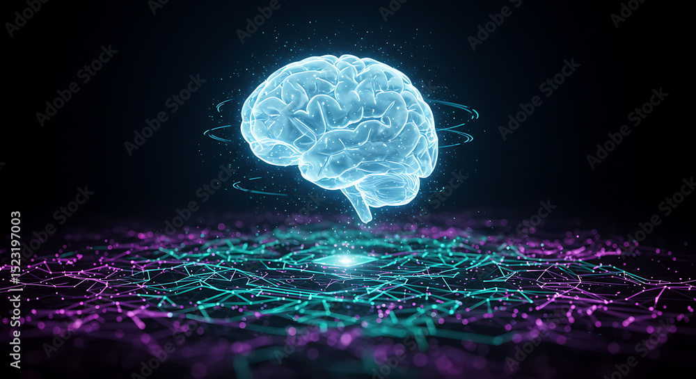Poster digital brain: a stunning display of the human brain, rendered digitally in an ethereal glow, hoveri