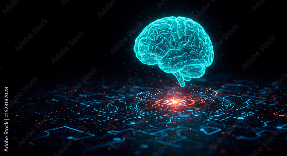 Aufkleber digital brain: a luminescent digital representation of a brain hovers above an intricate circuit boa