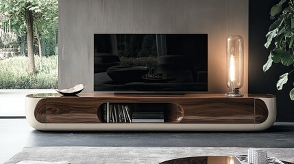 Modern living room with tv on wooden stand and glass lamp near window and indoor plant decor