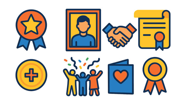 Flat vector icons of employee recognition and reward: gold star badge icon, employee of the month frame, handshake of appreciation, reward certificate scroll, bonus coin symbol, team celebration