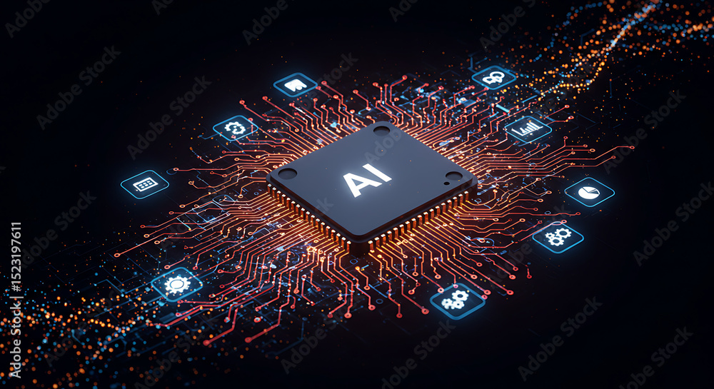 Poster ai microchip: a futuristic ai microchip at the center of a complex circuit board, glowing with vibra