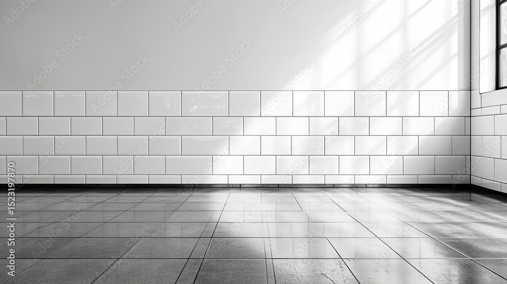 Poster interior view of a room with white tiled walls and a gray tiled floor with light from a window casti