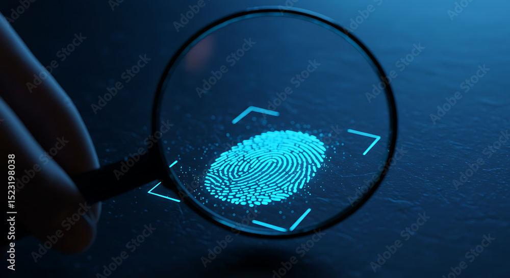 Poster fingerprint analysis: a close-up view of a digital fingerprint, magnified by a circular lens, unders