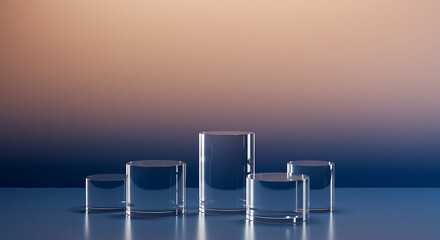 Elegant Display:  A cluster of translucent, cylindrical pedestals stands against a softly gradient backdrop of blended warm and cool hues.