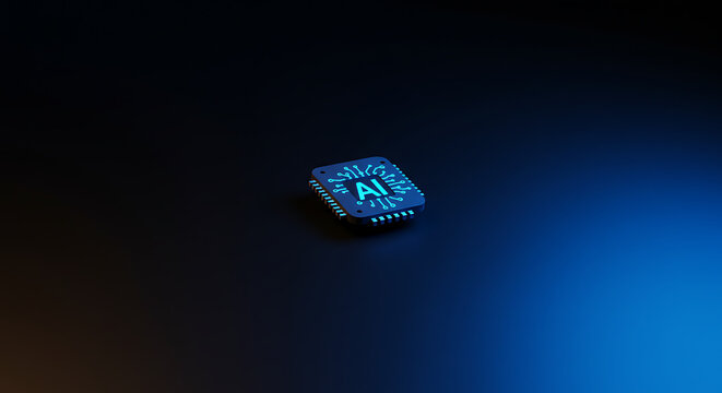 Technological marvel: The cutting-edge Artificial intelligence processor gleams. Captured in a dramatic, dark setting, this image signifies technological progress and innovation. 