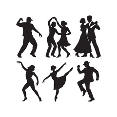 Obraz premium Dynamic group silhouettes of dancers and fitness enthusiasts, showcasing energetic and active movements.