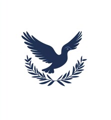 Fototapeta premium Dark-blue silhouette of a dove in flight, encircled by olive branch (1)