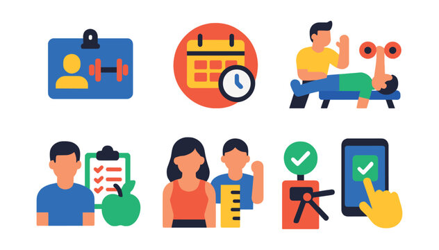 Flat vector icons of gym membership and services: membership card icon, class schedule badge, personal training session, group workout, nutrition consultation, fitness assessment, access control, app