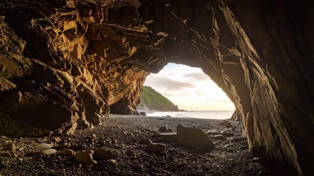 Scenic view from a coastal cave opening towards the ocean and sky, with rock formations and pebbles on the beach floor.