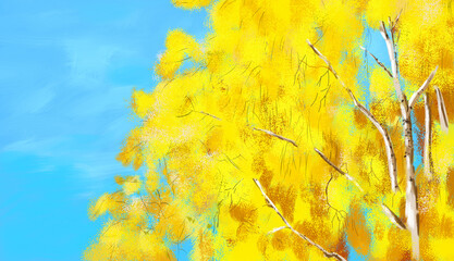 Birch tree in autumn with yellow leaves. Autumn landscape, with birch trees with yellow autumn illustration. Birch grove in autumn time