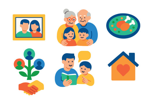 Flat vector icons of family gatherings and traditions: family photo frame icon, grandparents hugging kids, family tree symbol, shared meal dish, storytelling moment, home with heart, hands holding