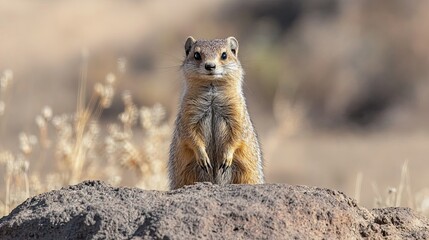 Close up of a cute furry rodent standing on a rock looking at the camera in a natural setting outdoors