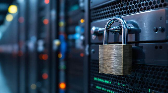 Data Center Protection Concept with Metal Padlock on Server Cabinet &mdash; Emphasizing Digital Security, Safety, and Privacy in IT Infrastructure.