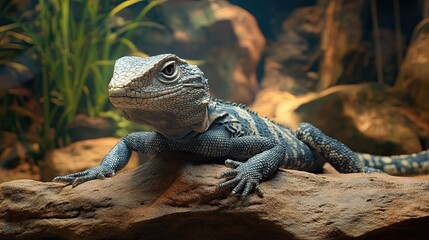 Close up of a spiny tailed lizard resting on a rock with a blurred background in a terrarium