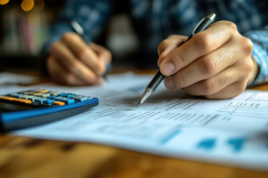 Person writing on paper with calculator.