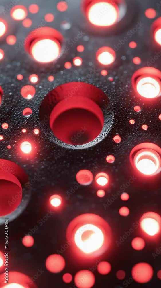 Poster close-up image of water droplets on a black surface, suitable for use in scientific or technological
