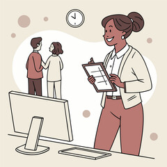 Smiling businesswoman observing colleagues in office setting