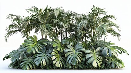 Lush tropical plants arrangement featuring palm trees and monstera leaves on a white background