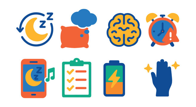 Flat vector icons of sleep and mental rest: sleep cycle moon icon, pillow and thoughts cloud, restful brain waves, insomnia alert clock, guided sleep audio, bedtime routine checklist, nap recharge
