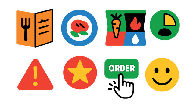Flat vector icons of food and menu selection: menu card icon, dish photo badge, dietary filter icons, portion size selector, allergy alert symbol, chef’s recommendation star, order button, feedback
