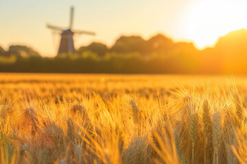 windmill in a corn field at sunset