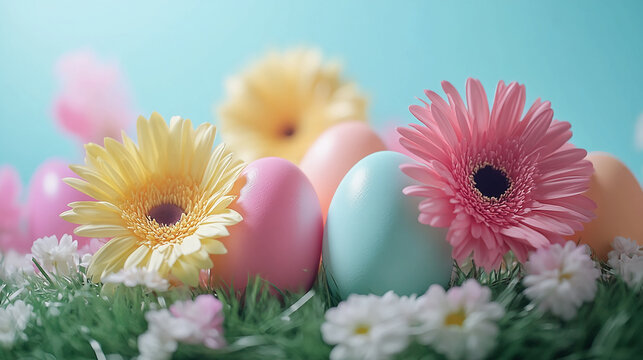 Pastel easter eggs with flowers and grass spring holiday season decoration background image stock photo
