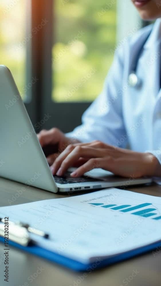 Poster a doctor working on a laptop at a desk with a focused expression