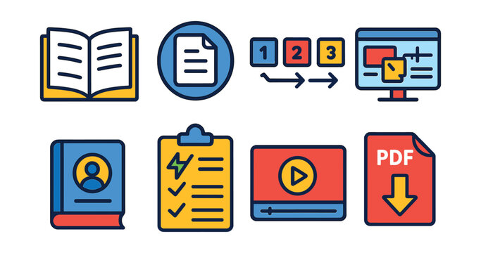 Flat vector icons of technical documentation and guides: open manual icon, instruction sheet badge, step-by-step process, annotated diagram, user guidebook, troubleshooting checklist, how-to video,