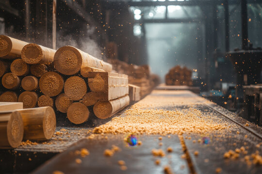 A pile of logs in a factory.